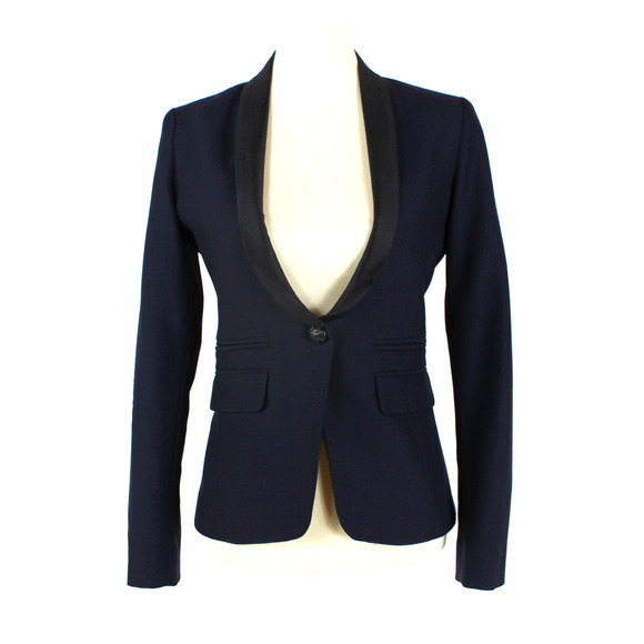 Smythe Satin Trim Duchess Blazer Navy Blue Wool Black Silk Blend Single Button 4 - Picture 1 of 6